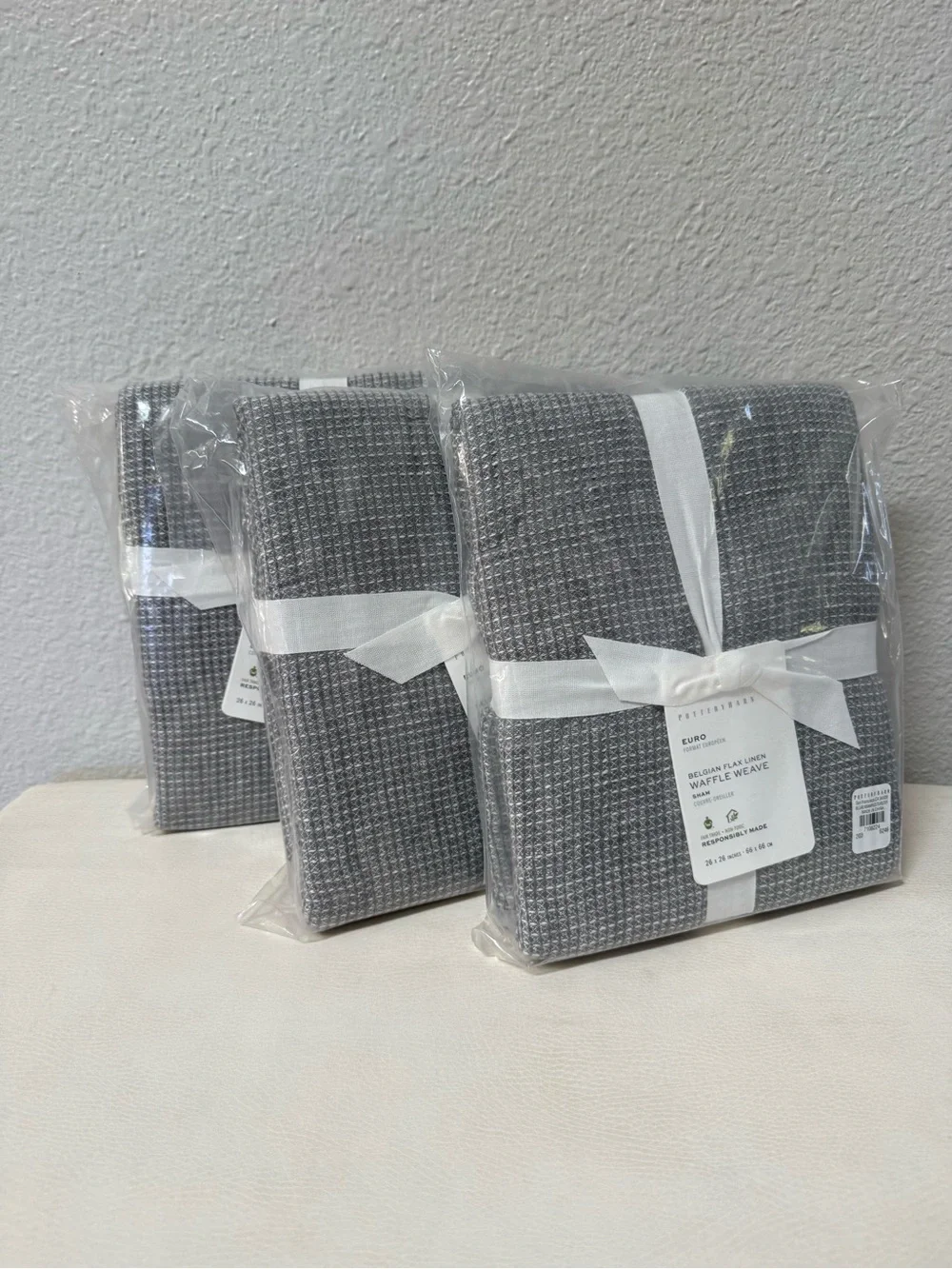 NWT SET OF 3 Pottery Barn Belgian Flax Linen Waffle Weave Euro Shams Light Gray